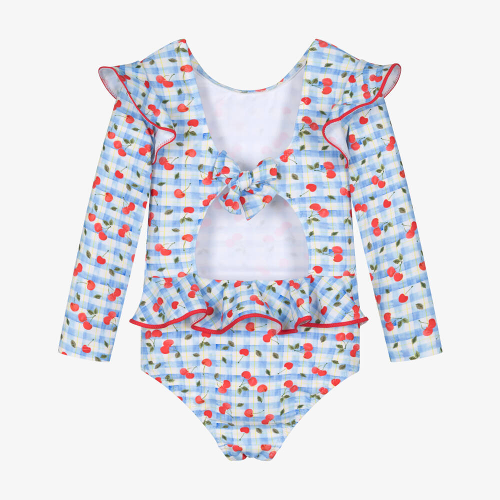 Nessi Byrd-Girls Blue Gingham & Cherry Print Swimsuit (UV50) | Childrensalon Outlet