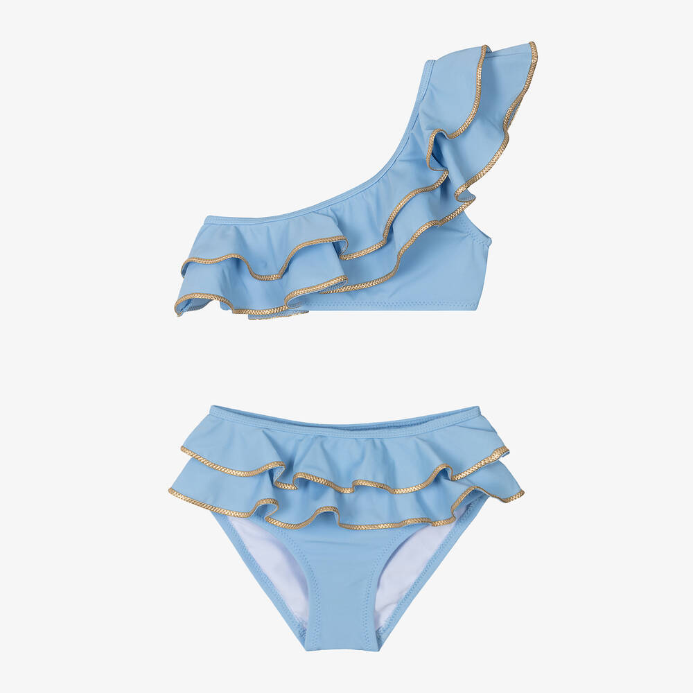 Nessi Byrd-Girls Blue One Shoulder Ruffle Bikini (UV50) | Childrensalon Outlet
