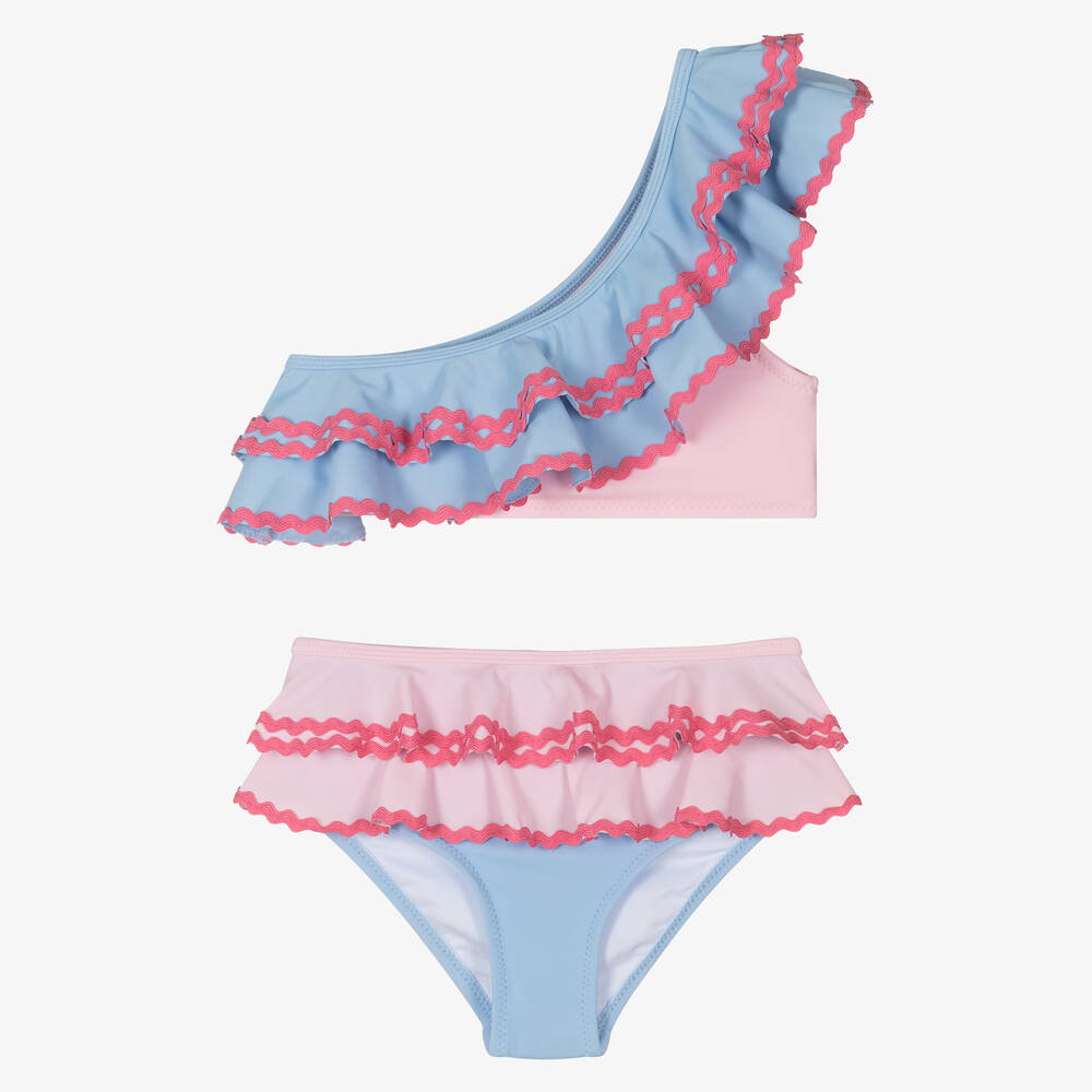 Nessi Byrd-Girls Blue & Pink Ruffle Bikini (UV50) | Childrensalon Outlet
