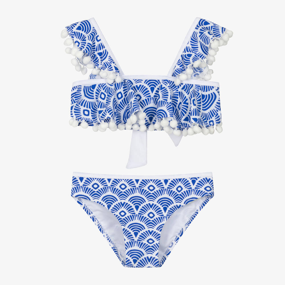 Nessi Byrd-Girls Blue Pom-Pom Bikini (UPF50) | Childrensalon Outlet