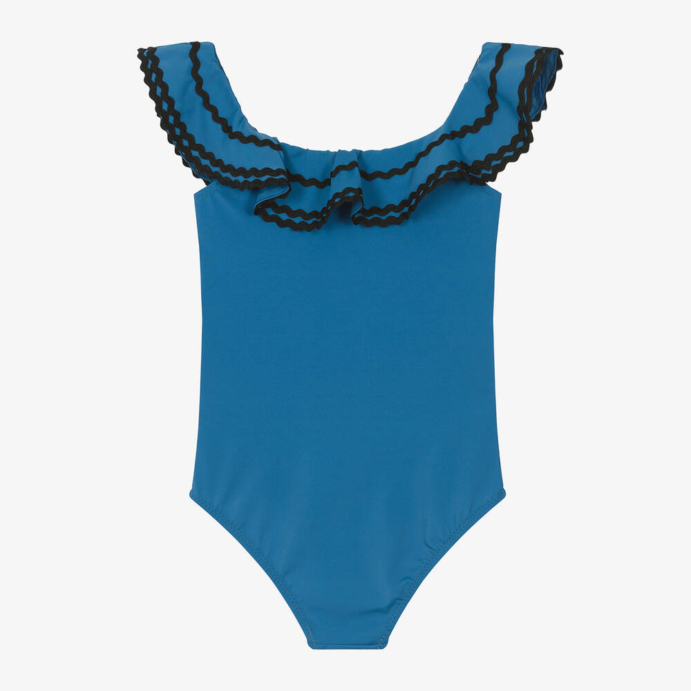 Nessi Byrd-Синий купальник с рюшами для девочек (UPF50) | Childrensalon Outlet
