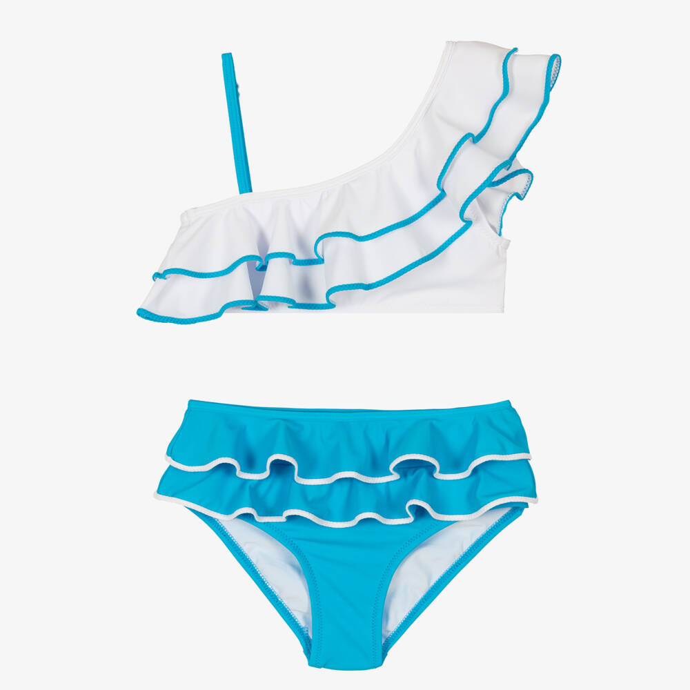 Nessi Byrd-بكيني أزرق وأبيض للبنات مع كشكش | Childrensalon Outlet