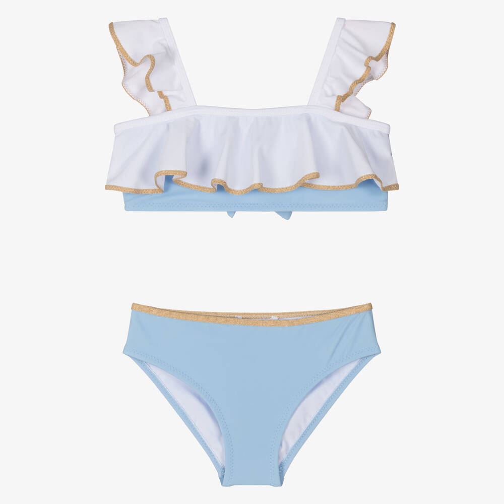 Nessi Byrd-Girls Blue & White Ruffle Bikini (UV50) | Childrensalon Outlet
