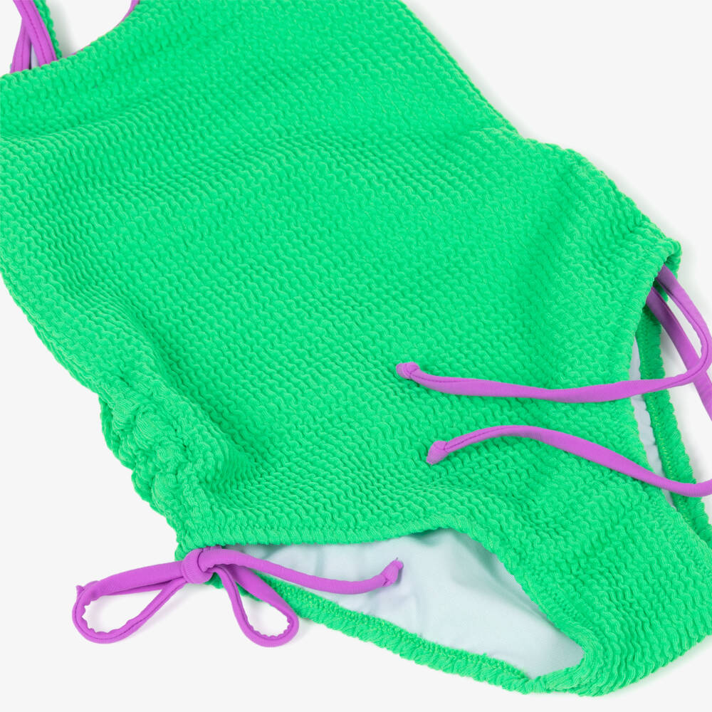 Nessi Byrd-Girls Green Crinkle Swimsuit with Purple Trims | Childrensalon Outlet