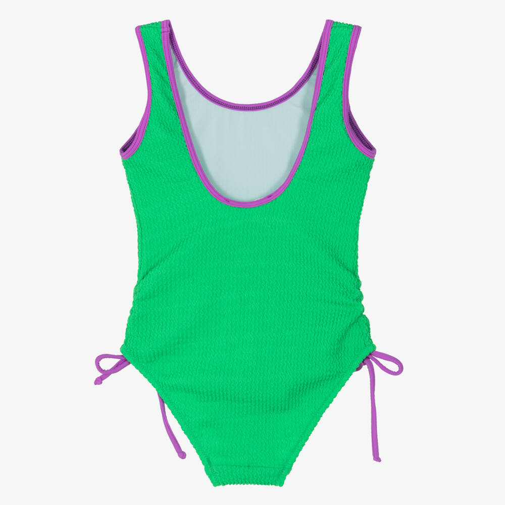 Nessi Byrd-Girls Green Crinkle Swimsuit with Purple Trims | Childrensalon Outlet