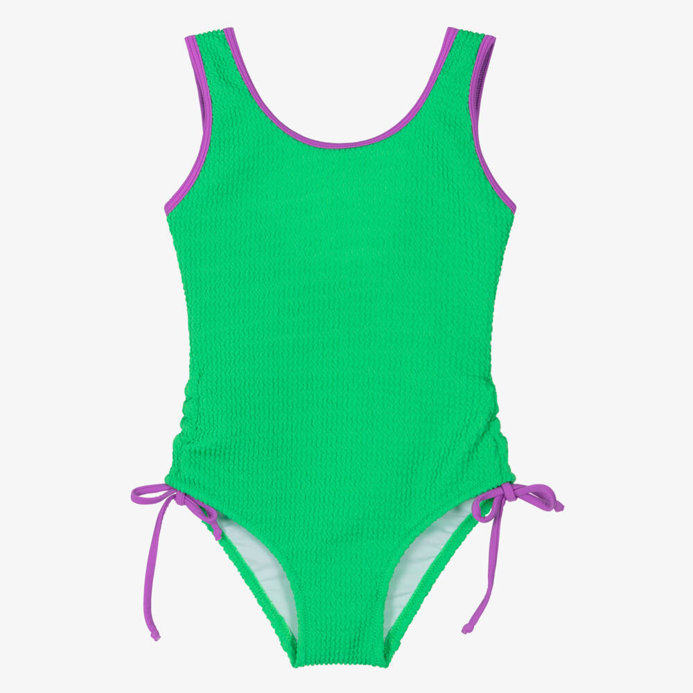 Nessi Byrd-Girls Green Crinkle Swimsuit with Purple Trims | Childrensalon Outlet