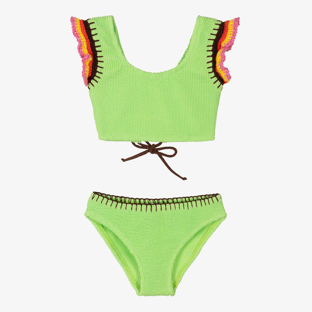 Nessi Byrd - Girls Green Crochet Frill Bikini (UV50) | Childrensalon