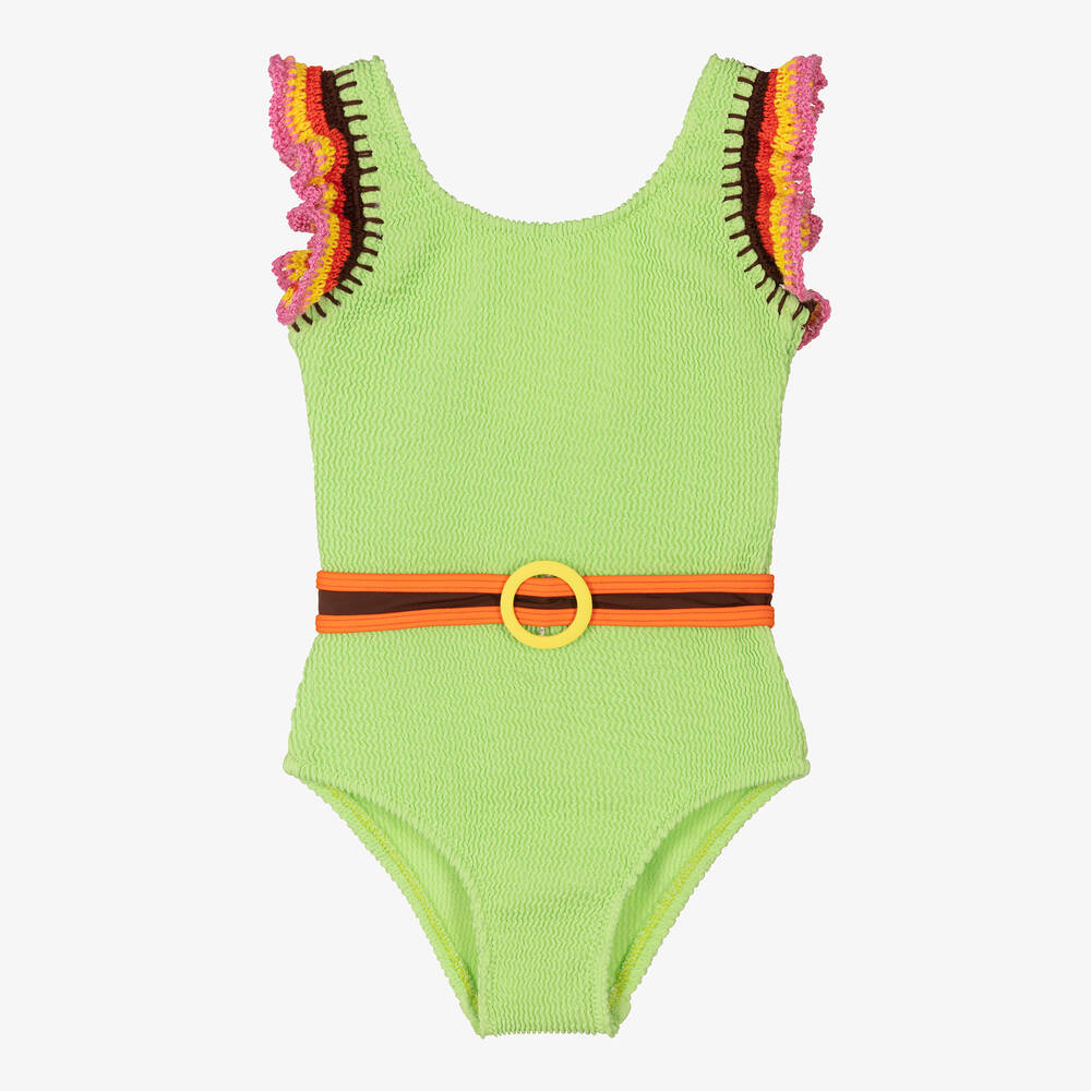 Nessi Byrd - Girls Green Crochet Trim Swimsuit (UV50) | Childrensalon