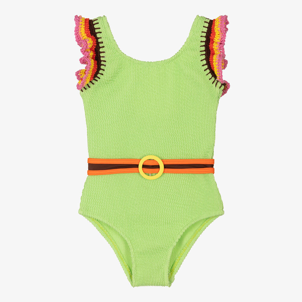 Nessi Byrd-Girls Green Crochet Trim Swimsuit (UV50) | Childrensalon Outlet