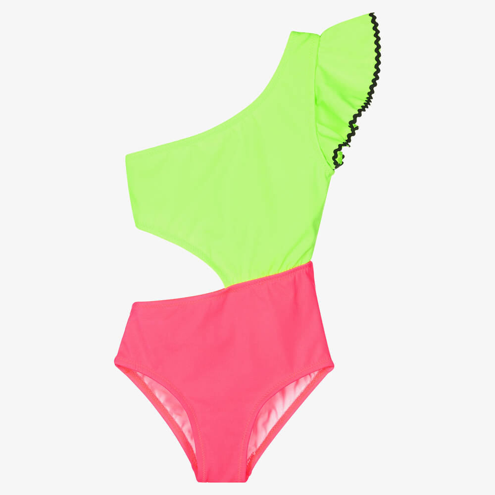 Nessi Byrd-Girls Green & Pink Cut Out Swimsuit (UV50) | Childrensalon Outlet