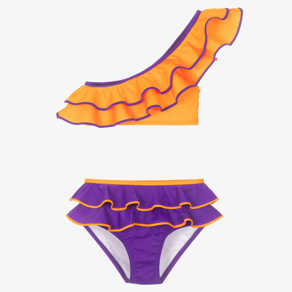 Nessi Byrd-Girls Orange & Purple Frill Bikini (UV50) | Childrensalon Outlet