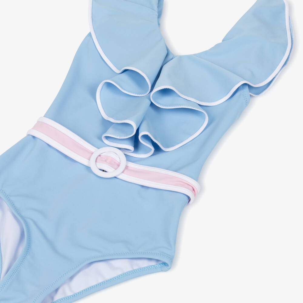 Nessi Byrd-Girls Pastel Blue Belted Ruffle Swimsuit | Childrensalon Outlet