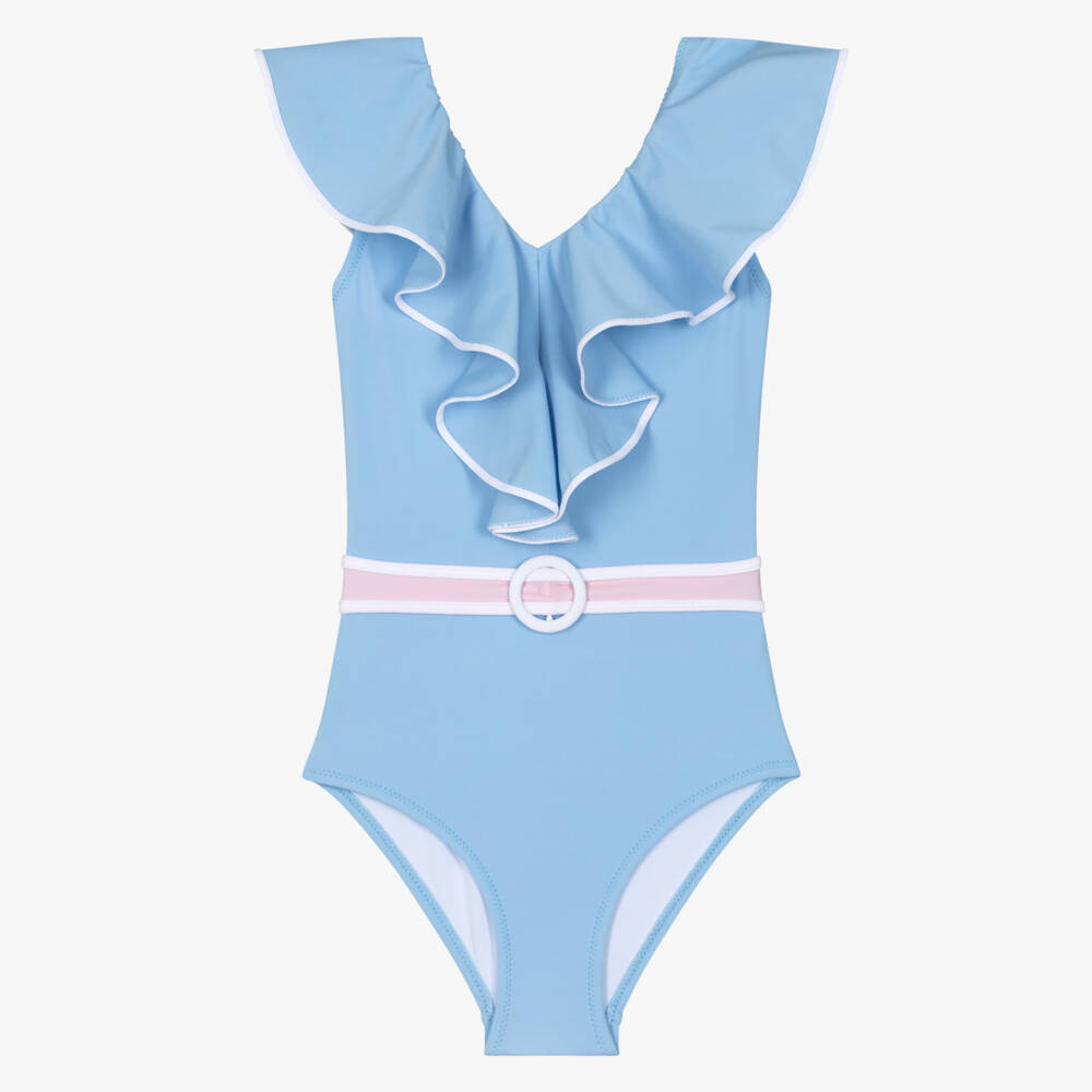 Nessi Byrd-Girls Pastel Blue Belted Ruffle Swimsuit | Childrensalon Outlet