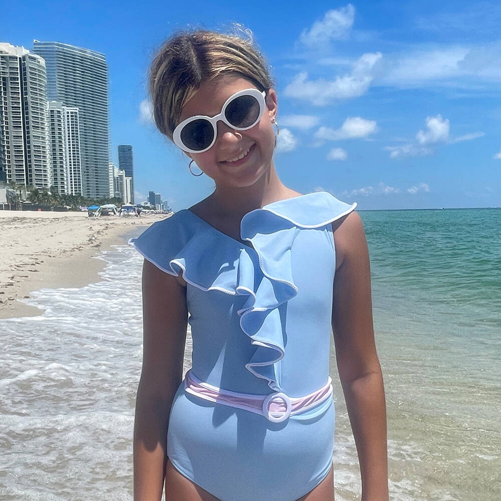 Nessi Byrd-Girls Pastel Blue Belted Ruffle Swimsuit | Childrensalon Outlet