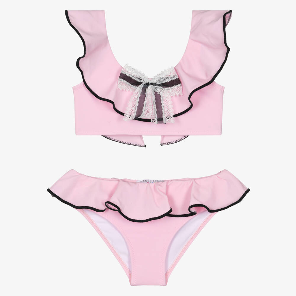 Nessi Byrd-Girls Pastel Pink Ruffle Bikini with Black Lacey Bow | Childrensalon Outlet