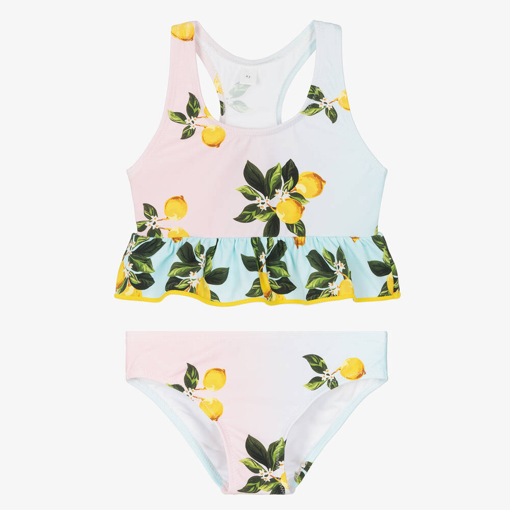 Nessi Byrd - Girls Pink & Blue Lemon Print Bikini | Childrensalon