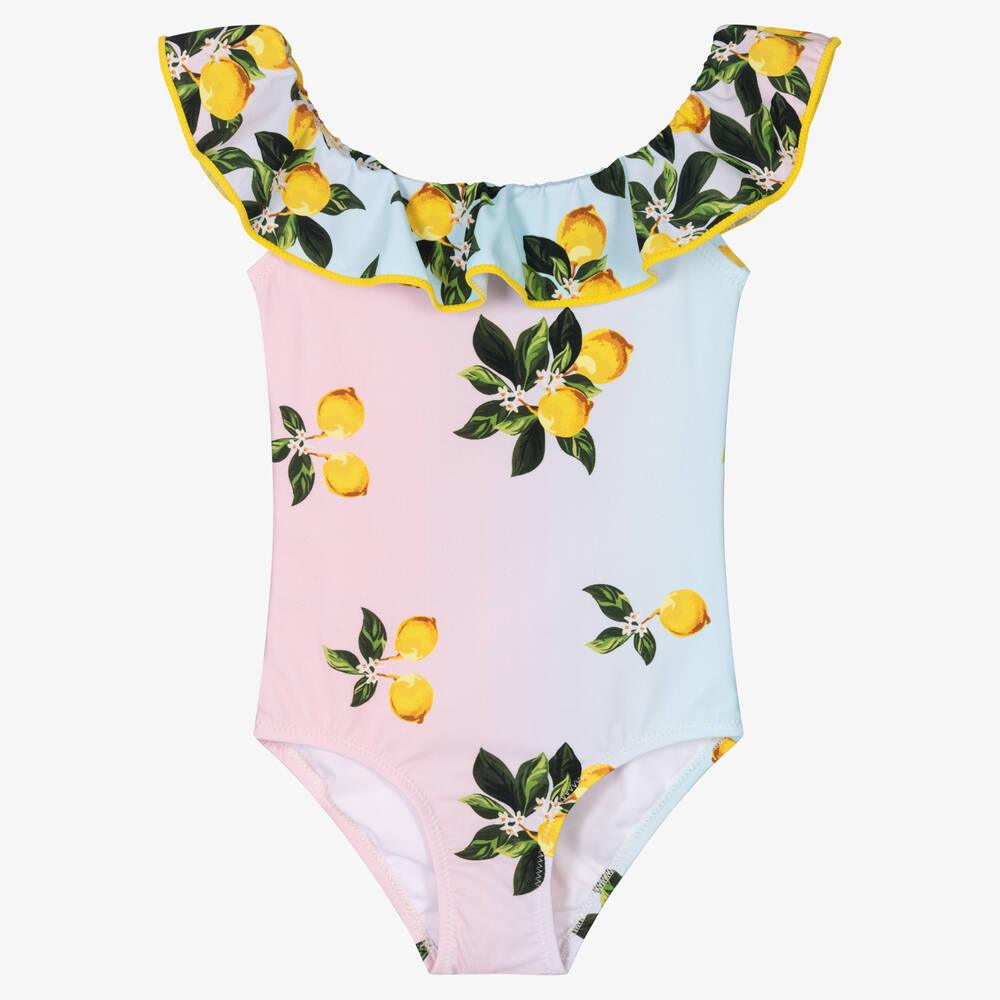 Nessi Byrd - Girls Pink & Blue Lemon Print Swimsuit | Childrensalon