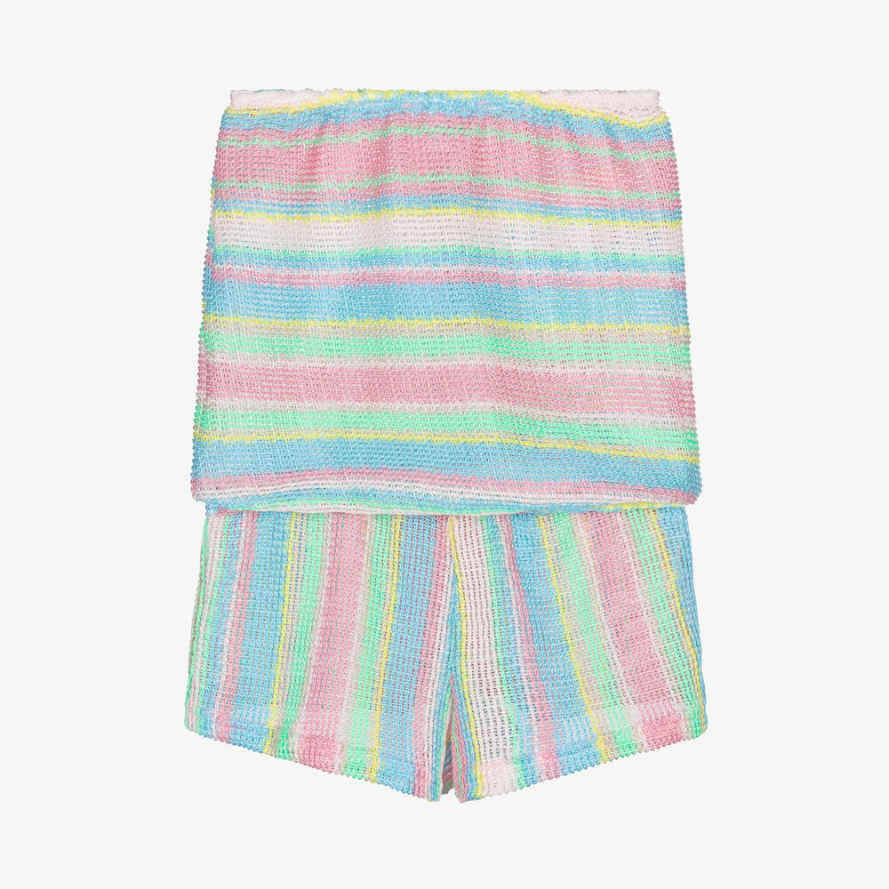Nessi Byrd-Girls Pink & Blue Stripe Crochet Playsuit | Childrensalon Outlet