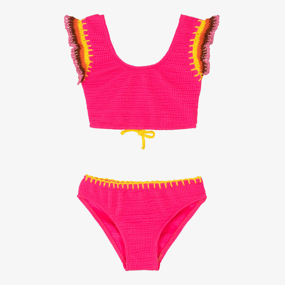 Nessi Byrd - Girls Pink Crochet Trim Bikini (UV50) | Childrensalon