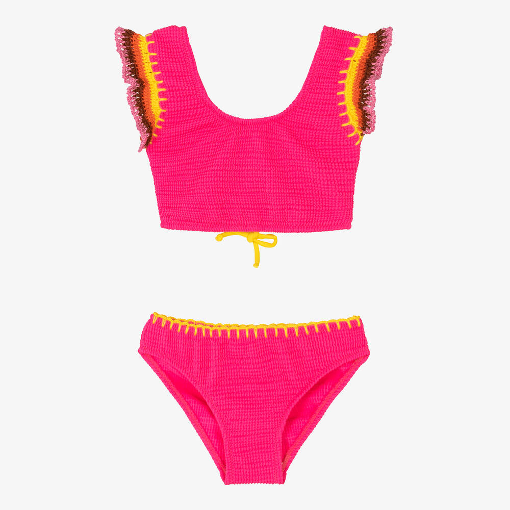 Nessi Byrd-Girls Pink Crochet Trim Bikini (UV50) | Childrensalon Outlet