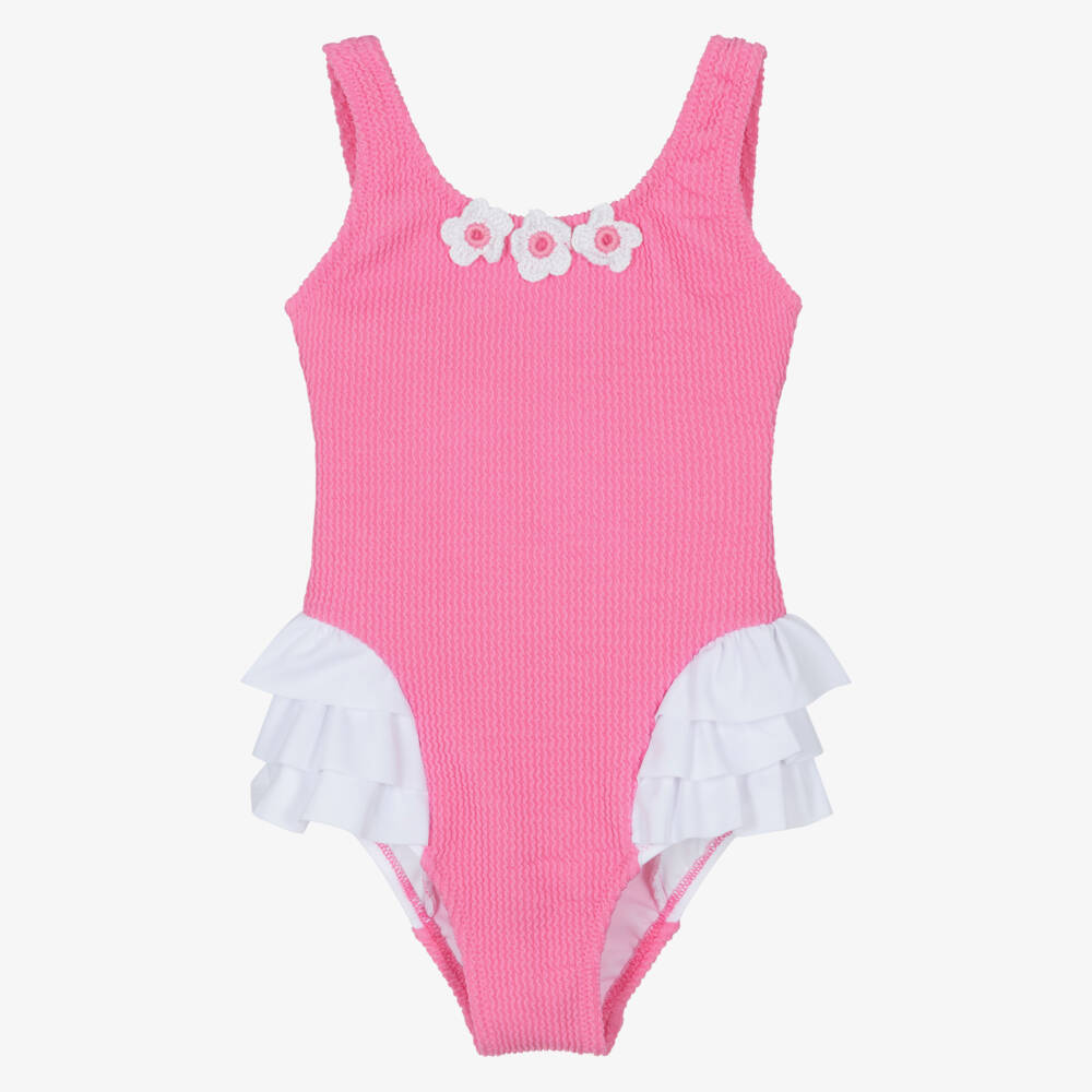 Nessi Byrd-Girls Pink Floral & Ruffle Swimsuit (UV50) | Childrensalon Outlet