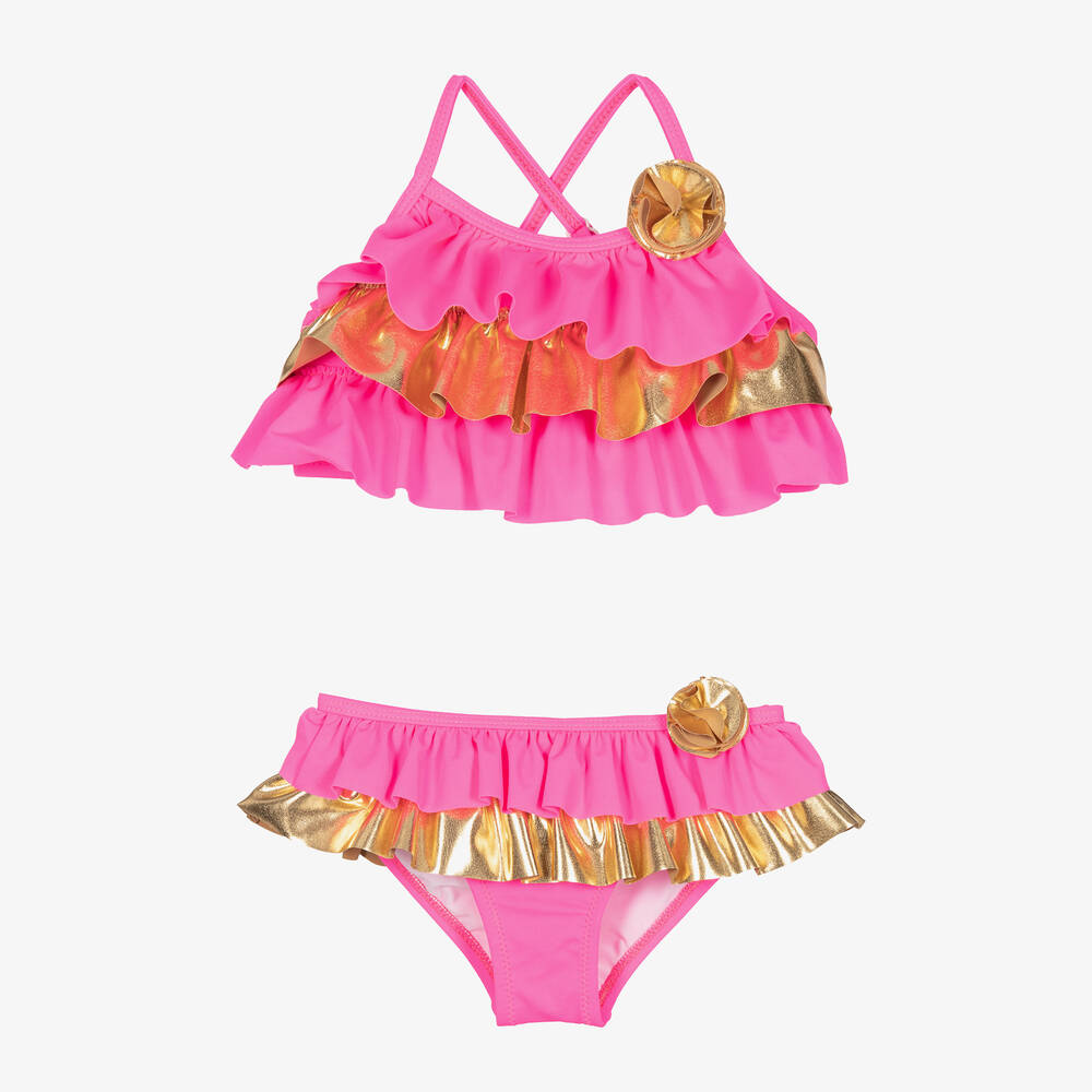 Nessi Byrd - Розовое бикини с золотистыми оборками (UV50) | Childrensalon