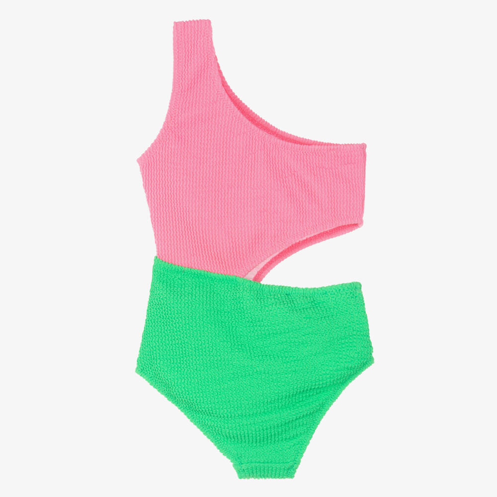 Nessi Byrd-Girls Pink & Green One Shoulder Swimsuit (UV50) | Childrensalon Outlet