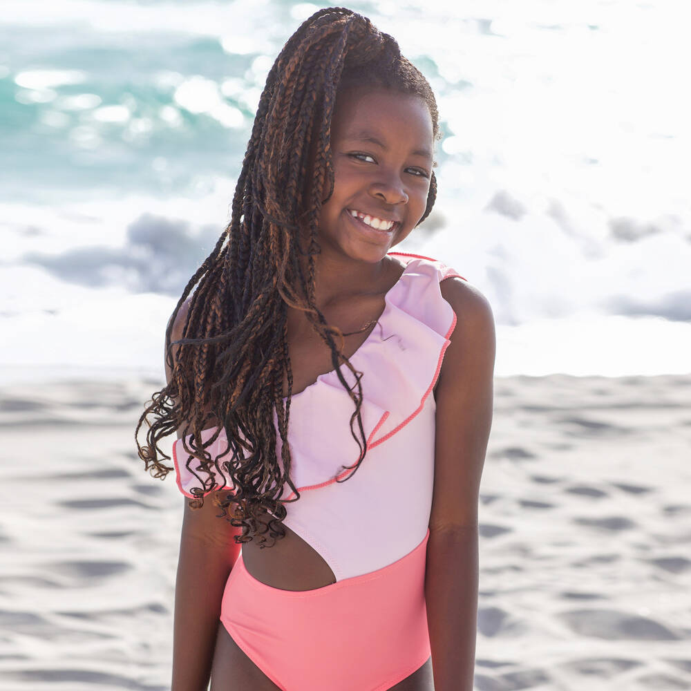 Nessi Byrd-Girls Pink One-Shoulder Swimsuit (UV50) | Childrensalon Outlet