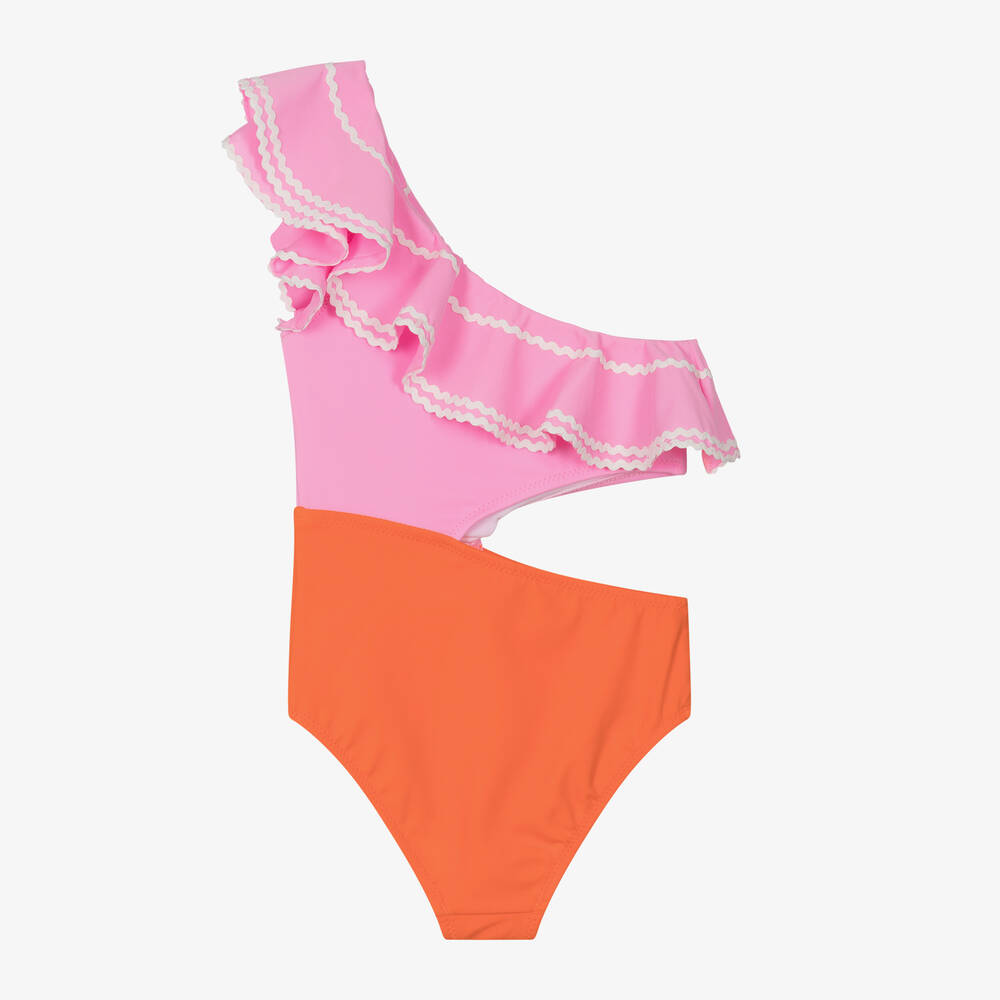 Nessi Byrd-Розово-оранжевый асимметричный купальник для девочек (UV50) | Childrensalon Outlet