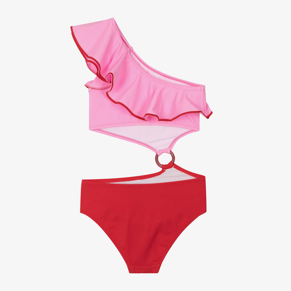 Nessi Byrd-Girls Pink & Red Asymmetric Swimsuit (UV50) | Childrensalon Outlet