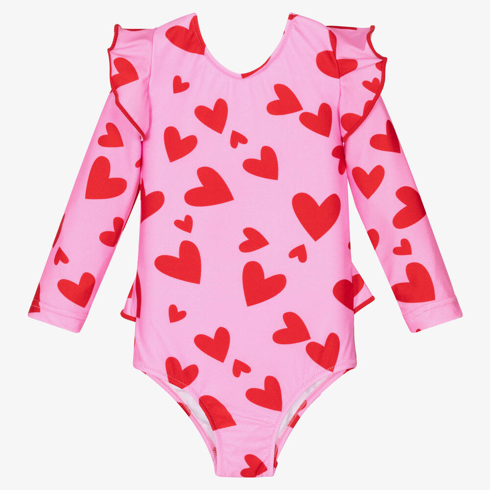 Nessi Byrd - Girls Pink & Red Heart Swimsuit (UV50+) | Childrensalon