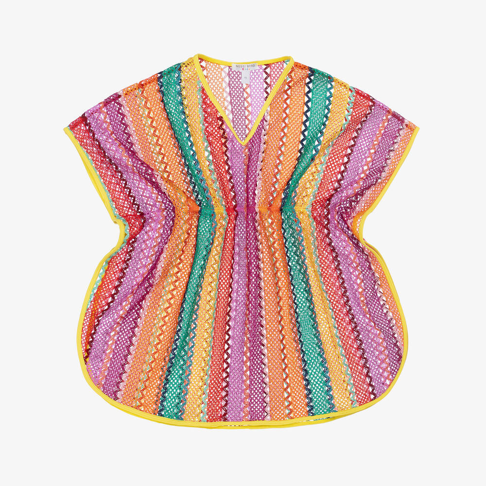 Nessi Byrd-Girls Pink Striped Crochet Beach Kaftan | Childrensalon Outlet