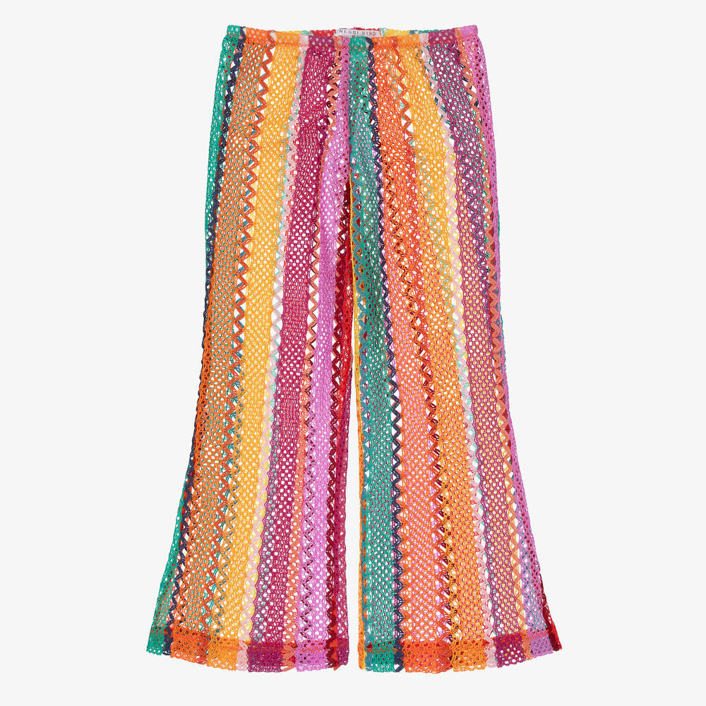 Nessi Byrd-Girls Pink Striped Crochet Beach Trousers | Childrensalon Outlet