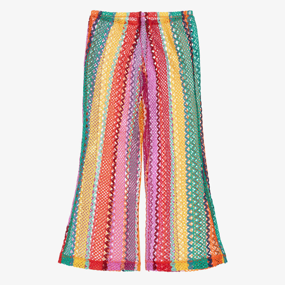Nessi Byrd-Girls Pink Striped Crochet Beach Trousers | Childrensalon Outlet