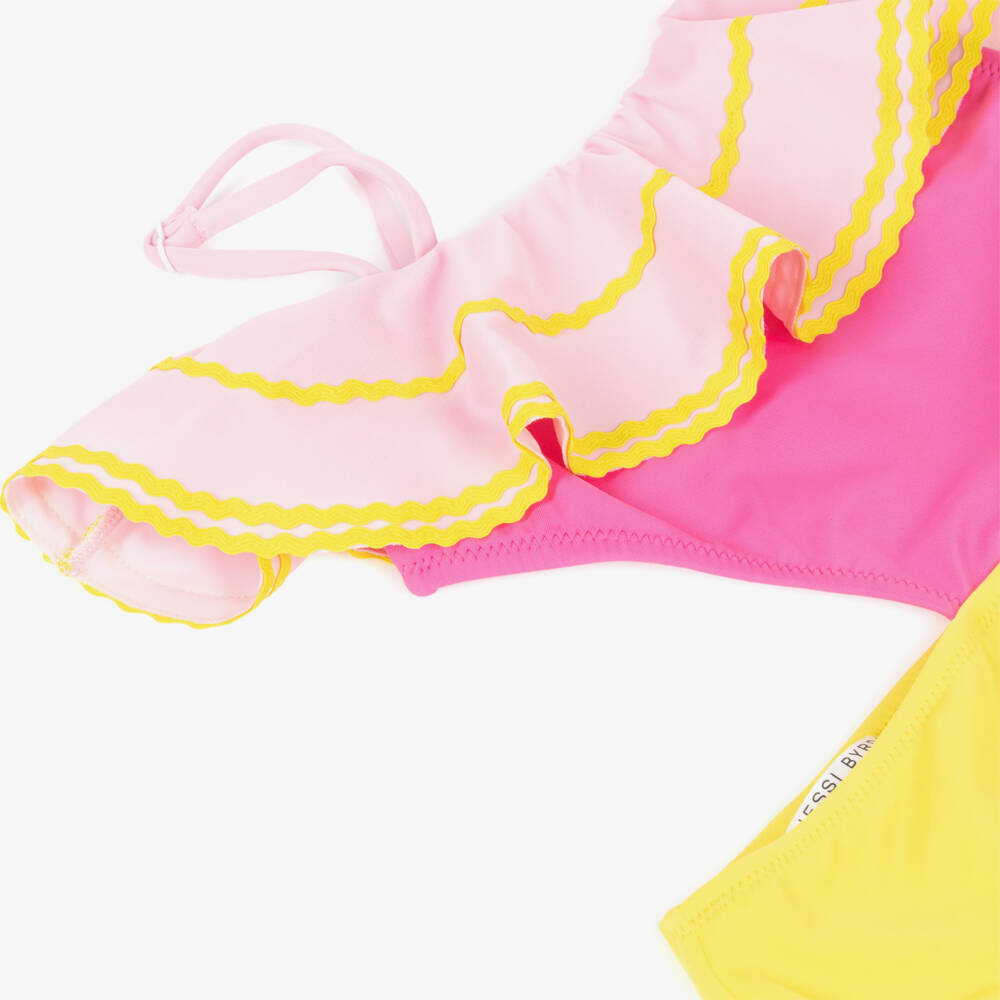 Nessi Byrd-Girls Pink & Yellow Swimsuit with Ric Rac Ruffle (UV50) | Childrensalon Outlet