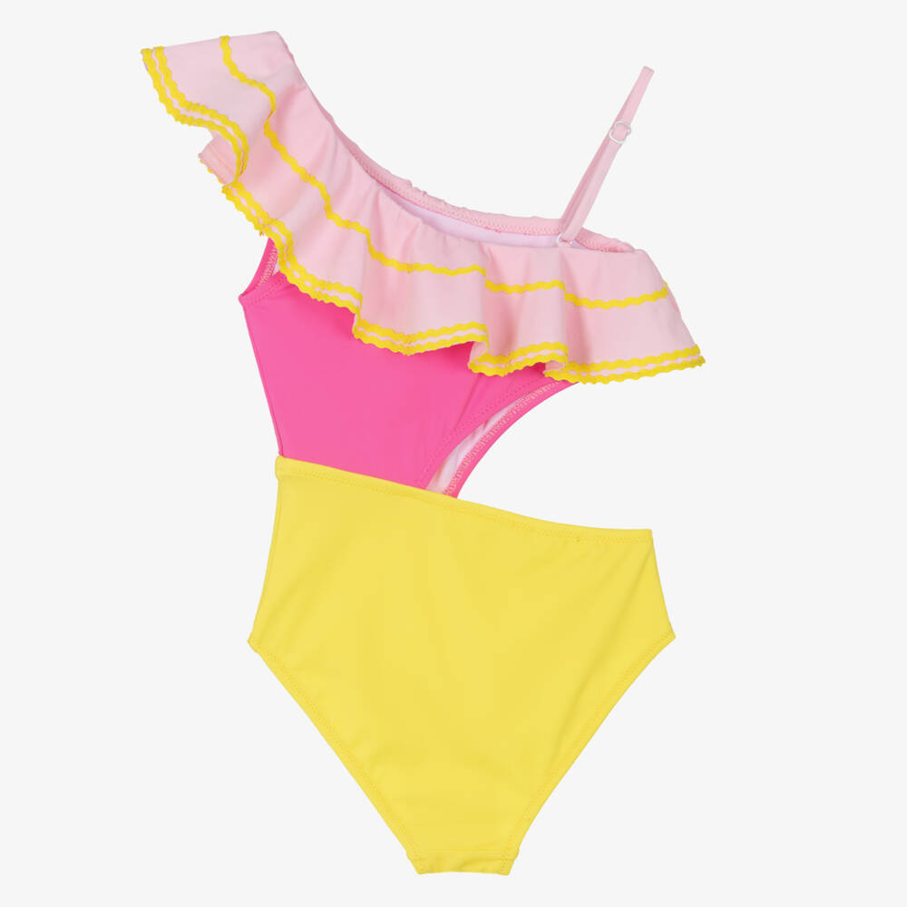 Nessi Byrd-Girls Pink & Yellow Swimsuit with Ric Rac Ruffle (UV50) | Childrensalon Outlet