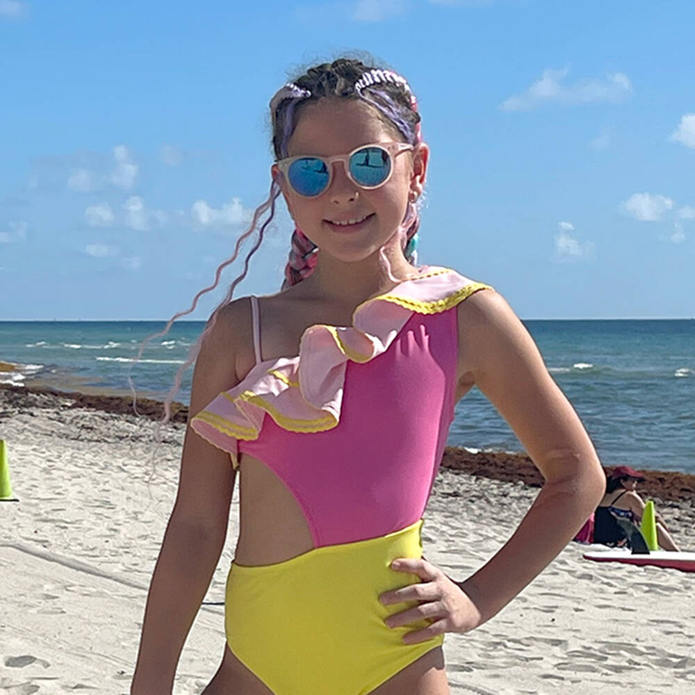 Nessi Byrd-Girls Pink & Yellow Swimsuit with Ric Rac Ruffle (UV50) | Childrensalon Outlet