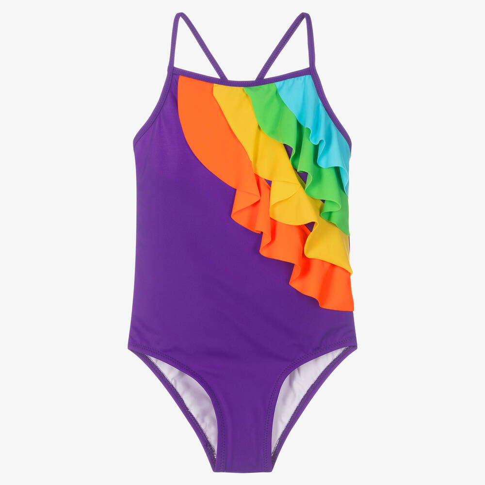 Nessi Byrd - Girls Purple Frill Swimsuit (UV50) | Childrensalon