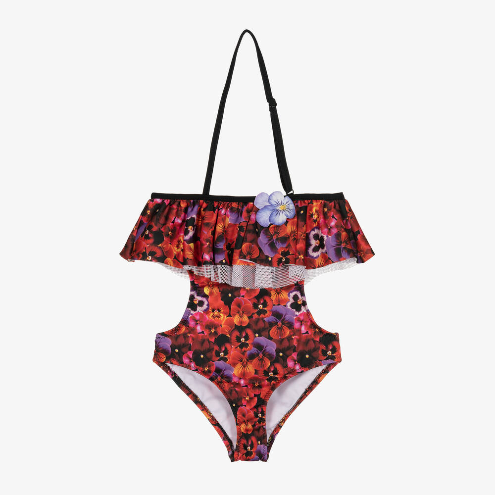Nessi Byrd - Girls Red Floral Swimsuit (UV50) | Childrensalon