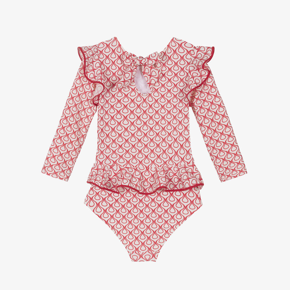 Nessi Byrd-مايوه بناتي أحمر وأبيض بكشكش | Childrensalon Outlet