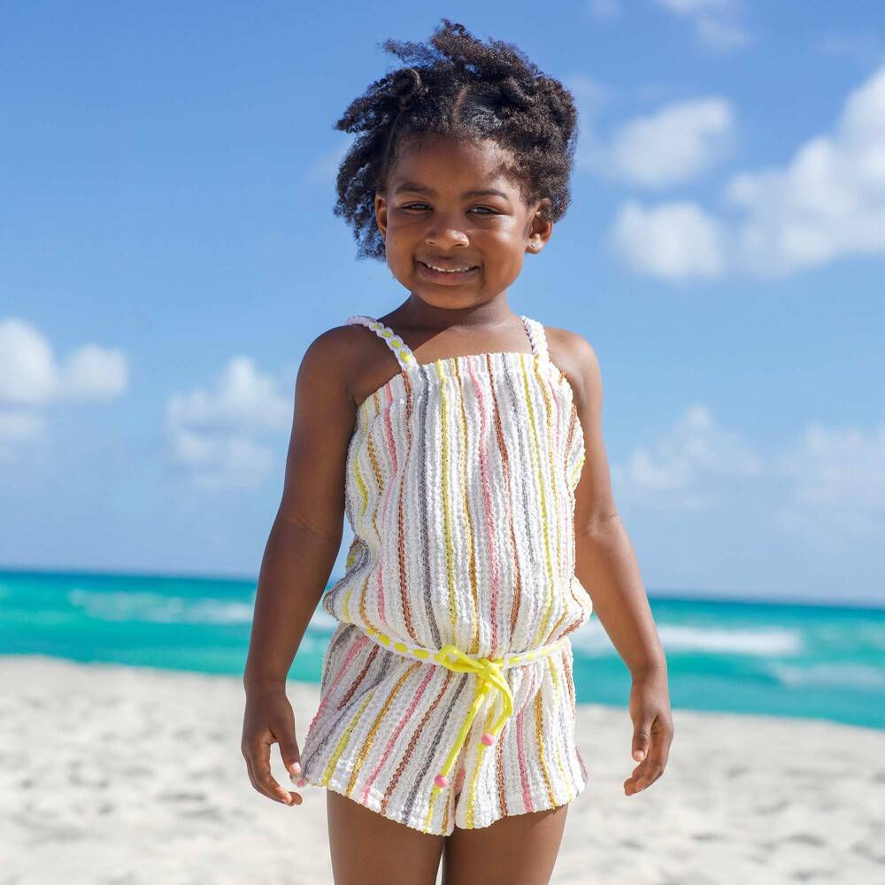 Nessi Byrd-Girls Soft White Stripe Romper | Childrensalon Outlet