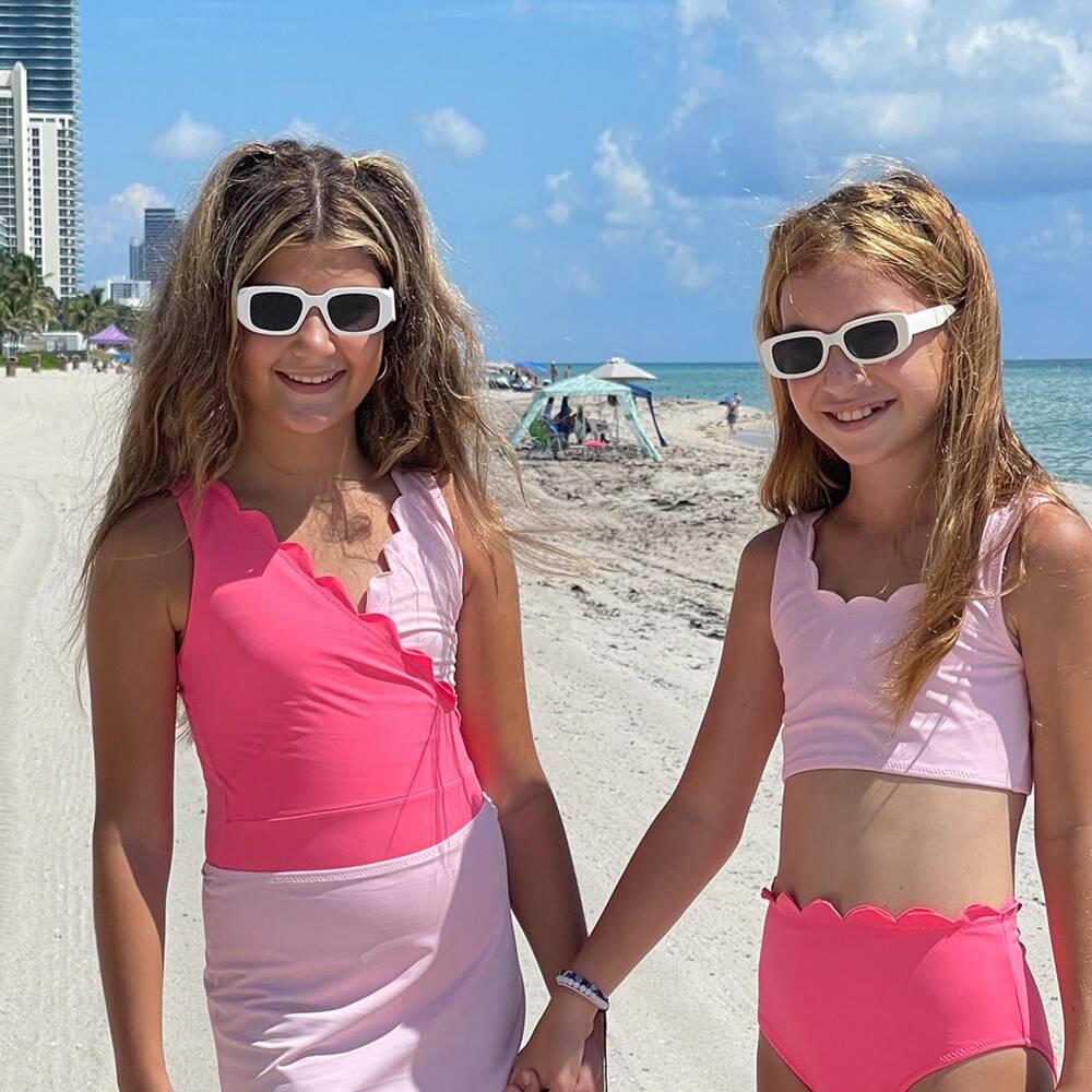 Nessi Byrd-Girls Two-Tone Pink Scalloped Swimsuit (UV50) | Childrensalon Outlet