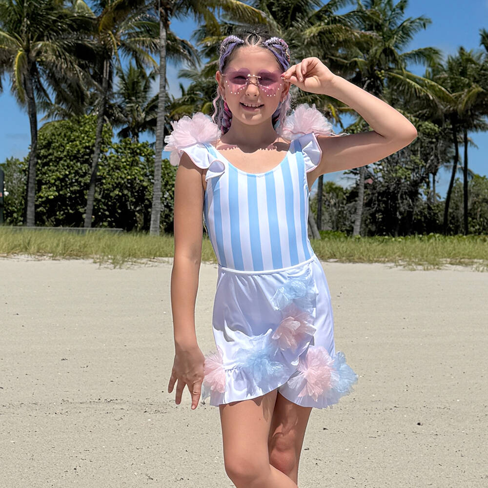 Nessi Byrd-Girls White Beach Skirt with Blue & Pink Flowers (UV50) | Childrensalon Outlet