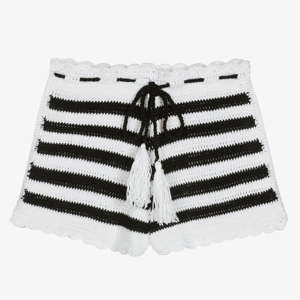 Nessi Byrd - Girls White & Black Stripe Crochet Shorts | Childrensalon