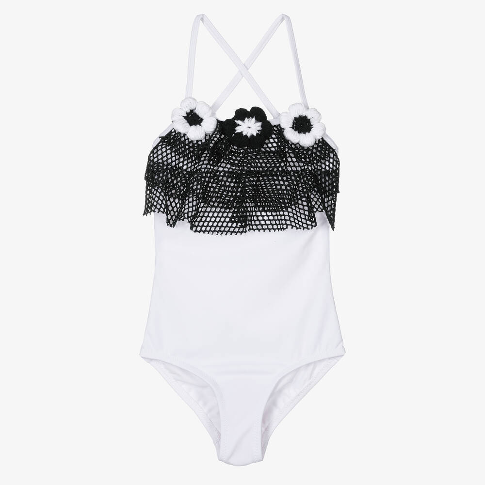 Nessi Byrd - Girls White & Black Swimsuit (UV50) | Childrensalon