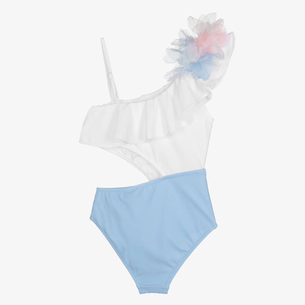 Nessi Byrd-Girls White & Blue Cut Out Swimsuit | Childrensalon Outlet