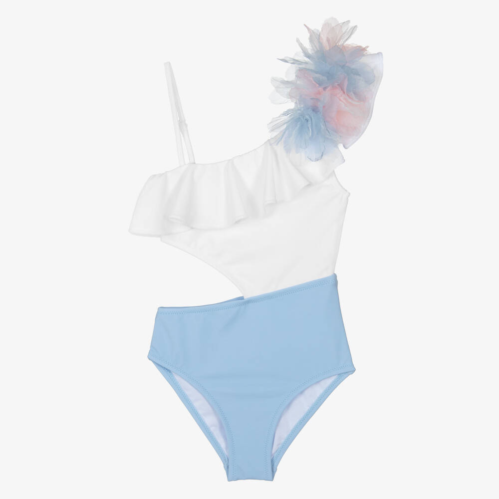 Nessi Byrd-Girls White & Blue Cut Out Swimsuit | Childrensalon Outlet