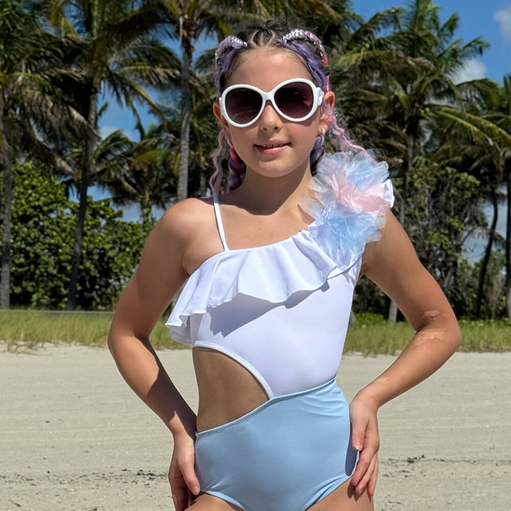 Nessi Byrd-Girls White & Blue Cut Out Swimsuit | Childrensalon Outlet