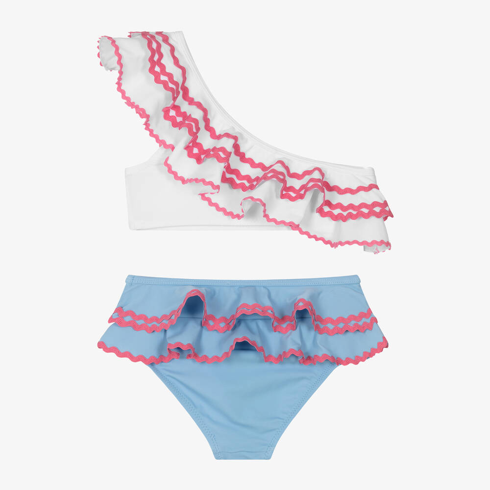 Nessi Byrd-Бело-голубое бикини с оборками для девочек (UV50) | Childrensalon Outlet