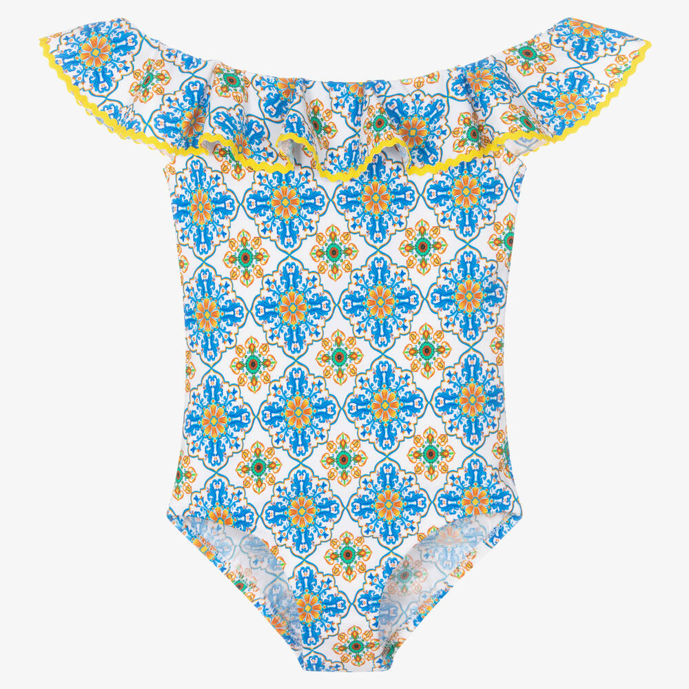 Nessi Byrd-Girls White & Blue Swimsuit (UV50) | Childrensalon Outlet